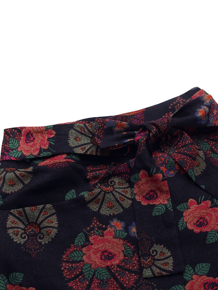 Pantalones Harem Casuales Irregulares Con Bolsillo Grande Con Cinturón Y Cintura Alta Con Estampado Floral Y Cremallera Para Mujer