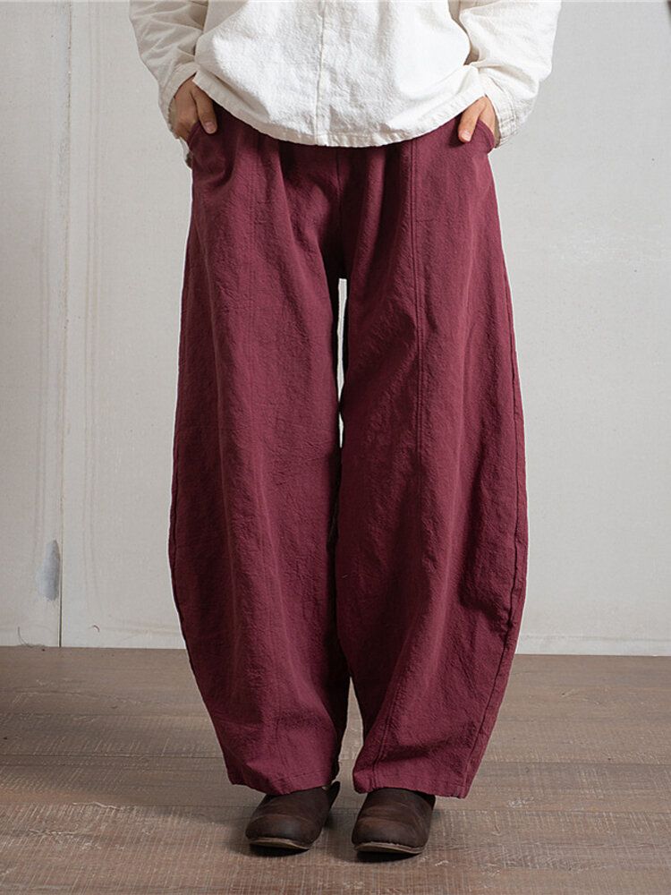 Pantalones Harem Con Bolsillo Lateral De Cintura Elástica De Color Sólido Para Mujer