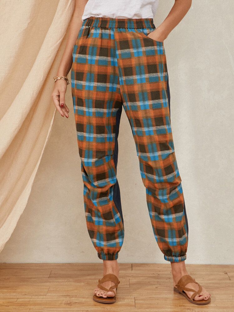 Pantalones Harem Con Bolsillo De Retazos De Bloque De Color Con Cintura Elástica Y Estampado A Cuadros Para Mujer