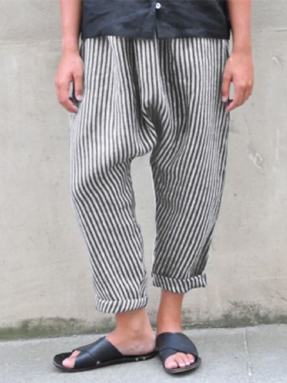 Pantalones Harem Con Bolsillos Laterales Con Cintura Elástica A Rayas Para Mujer