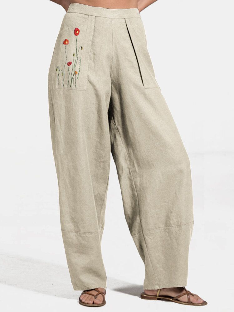 Pantalones Harem Holgados Con Bordado De Flores Casuales Para Mujer Con Bolsillos