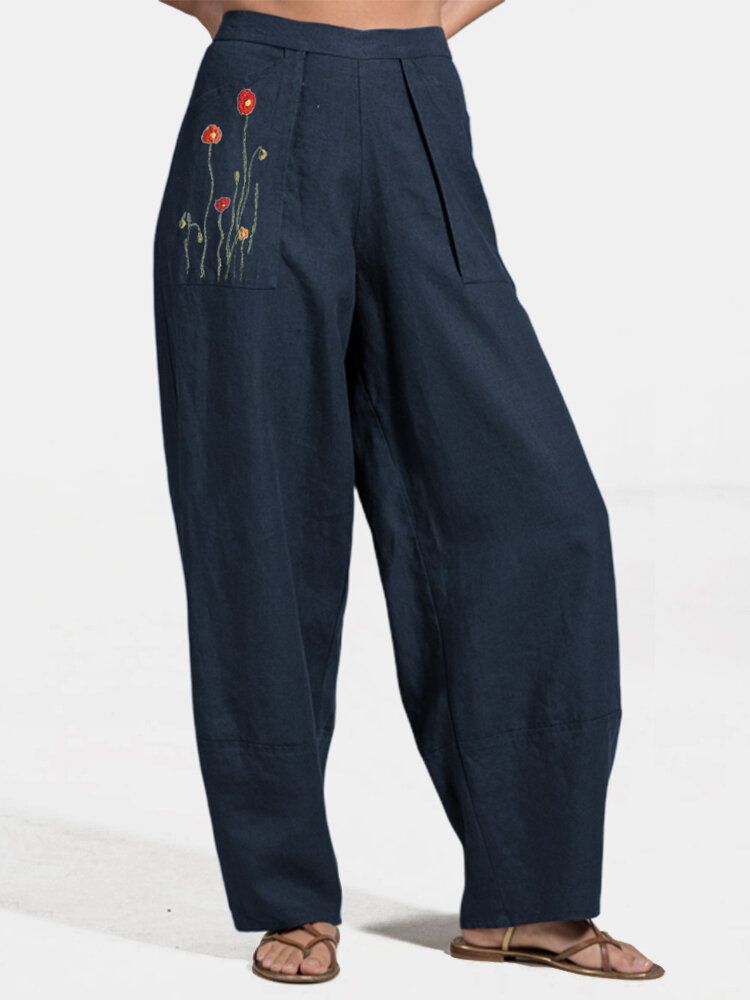 Pantalones Harem Holgados Con Bordado De Flores Casuales Para Mujer Con Bolsillos