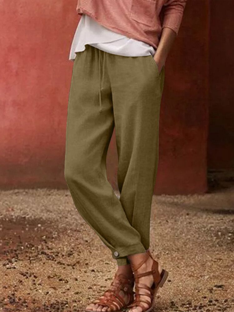 Pantalones Harem Sueltos Con Cordón De Cintura Elástica De Color Sólido 100% Algodón Para Mujer