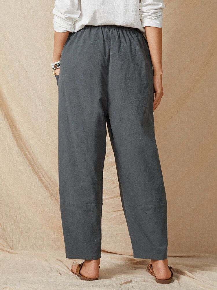 Pantalones Harén De Algodón Casual Liso Con Bolsillo En La Cintura Elástica De Color Puro Para Mujer