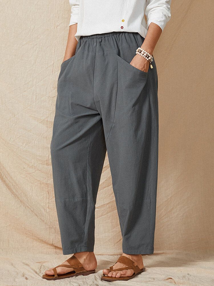 Pantalones Harén De Algodón Casual Liso Con Bolsillo En La Cintura Elástica De Color Puro Para Mujer