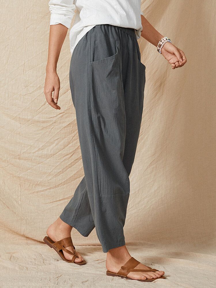 Pantalones Harén De Algodón Casual Liso Con Bolsillo En La Cintura Elástica De Color Puro Para Mujer