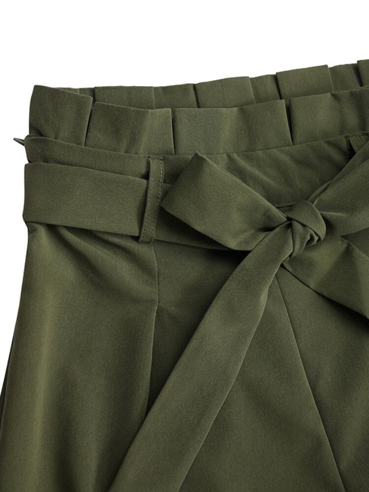 Pantalones De Harén Cargo Con Cordones Y Cintura Plisada De Color Sólido Para Mujer Con Bolsillos