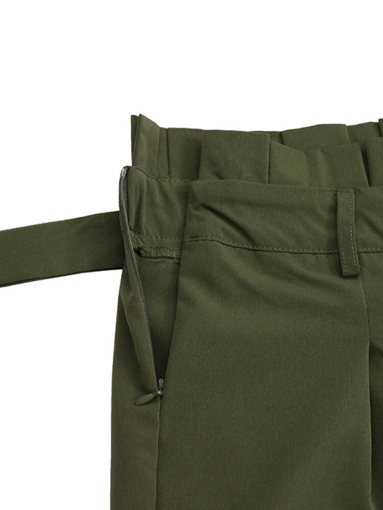 Pantalones De Harén Cargo Con Cordones Y Cintura Plisada De Color Sólido Para Mujer Con Bolsillos