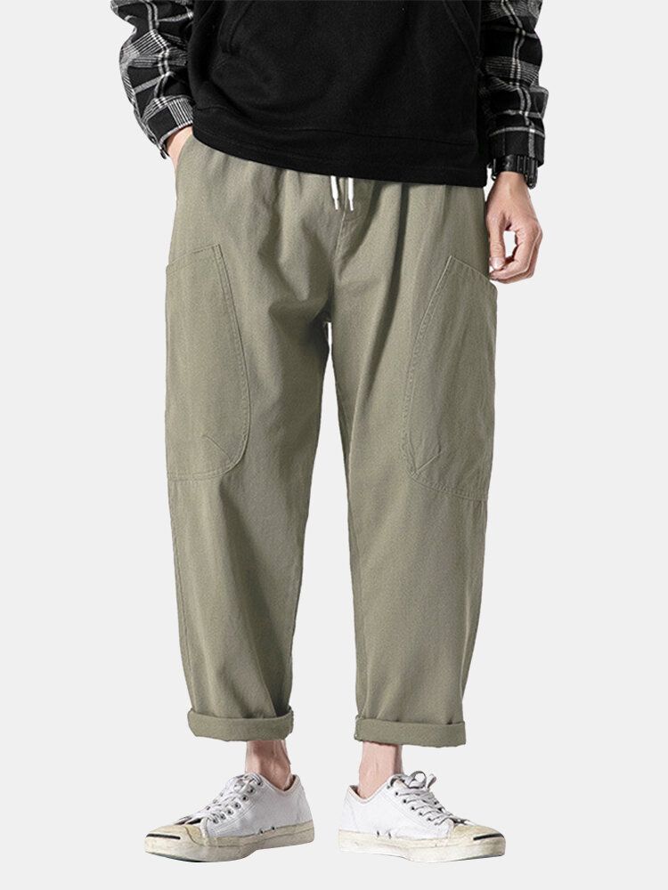 Pantalones Harén Casuales De Algodón Con Cintura Con Cordón Grueso Y Multibolsillos Para Hombre