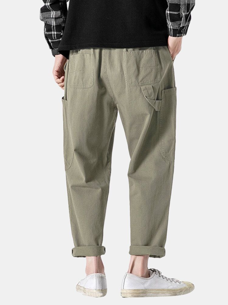 Pantalones Harén Casuales De Algodón Con Cintura Con Cordón Grueso Y Multibolsillos Para Hombre