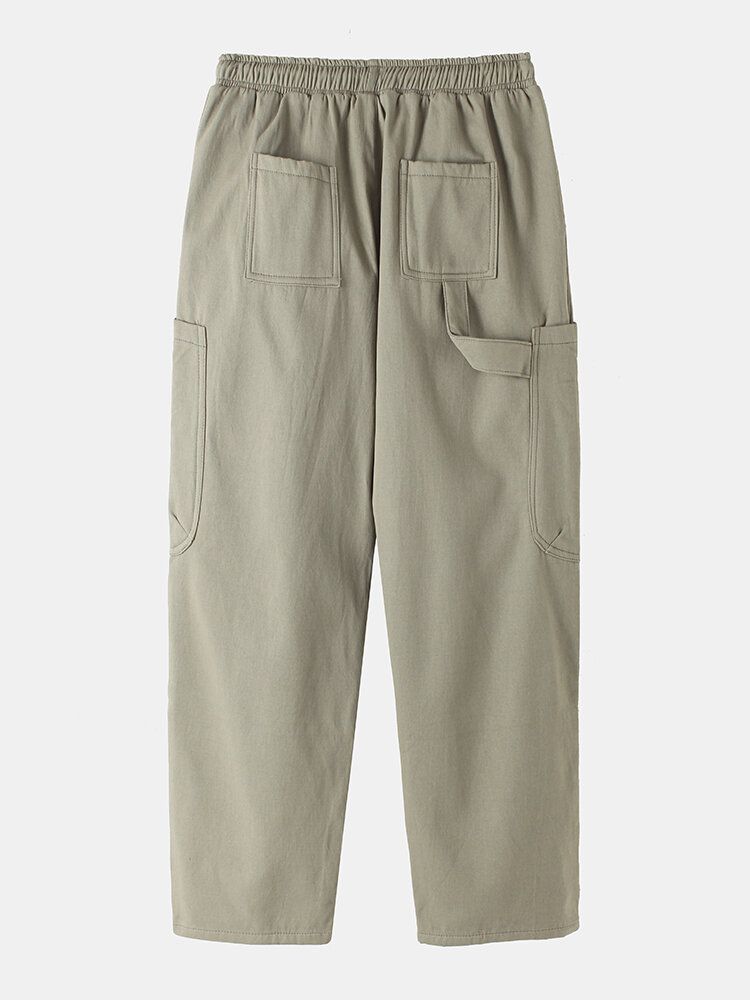 Pantalones Harén Casuales De Algodón Con Cintura Con Cordón Grueso Y Multibolsillos Para Hombre