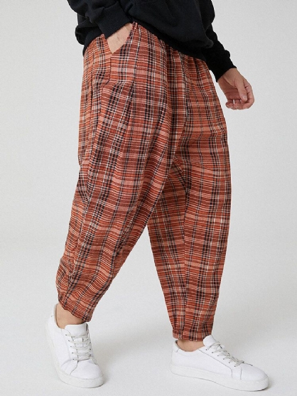 Pantalones Harén Casuales Con Cordón A Cuadros Clásicos 100% Algodón Para Hombre Con Bolsillo