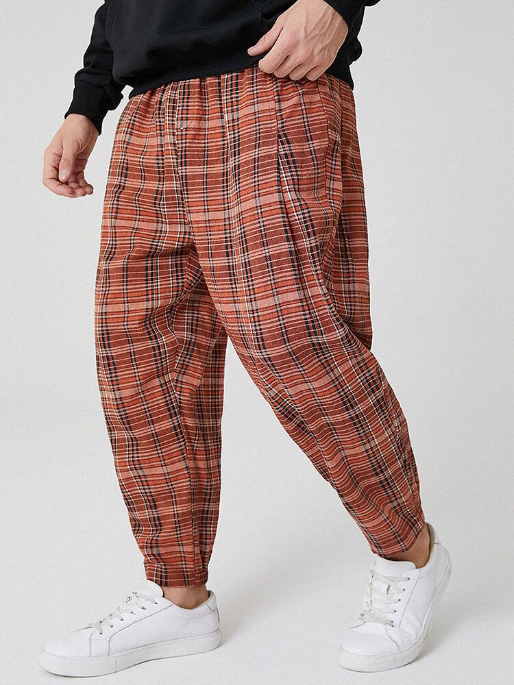 Pantalones Harén Casuales Con Cordón A Cuadros Clásicos 100% Algodón Para Hombre Con Bolsillo