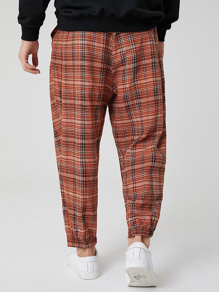 Pantalones Harén Casuales Con Cordón A Cuadros Clásicos 100% Algodón Para Hombre Con Bolsillo