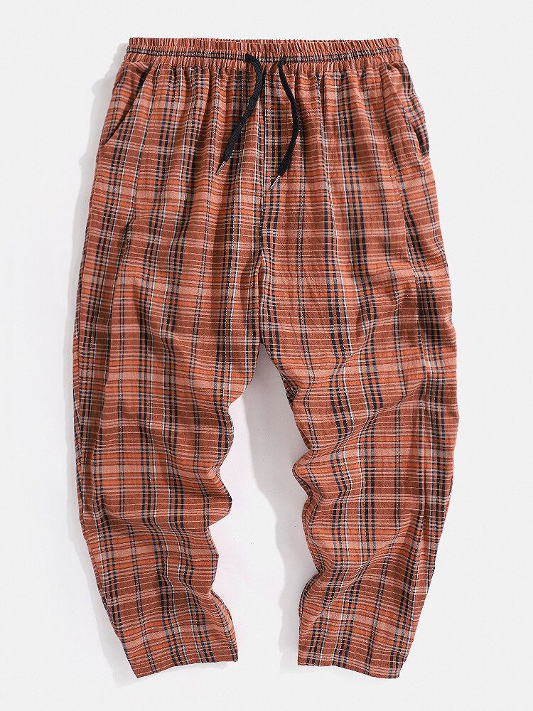 Pantalones Harén Casuales Con Cordón A Cuadros Clásicos 100% Algodón Para Hombre Con Bolsillo