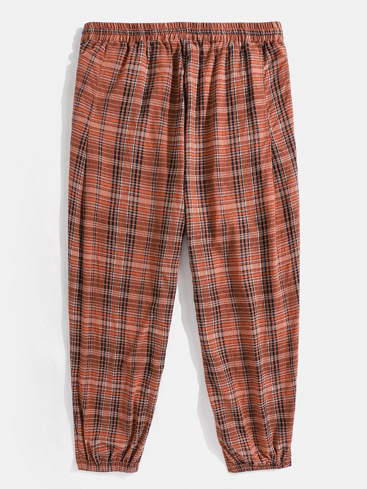 Pantalones Harén Casuales Con Cordón A Cuadros Clásicos 100% Algodón Para Hombre Con Bolsillo