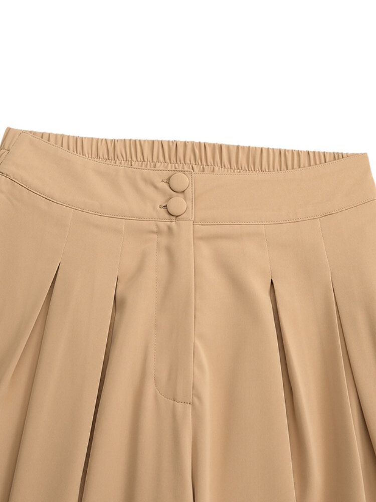 Pantalones De Harén Casuales Plisados Con Detalle De Botón De Cintura Alta De Color Sólido Para Mujer