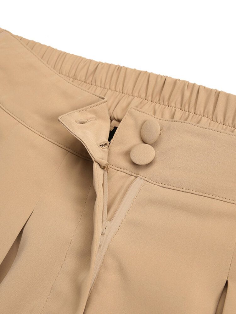 Pantalones De Harén Casuales Plisados Con Detalle De Botón De Cintura Alta De Color Sólido Para Mujer