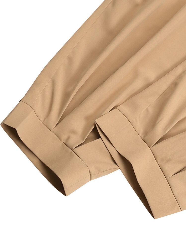 Pantalones De Harén Casuales Plisados Con Detalle De Botón De Cintura Alta De Color Sólido Para Mujer