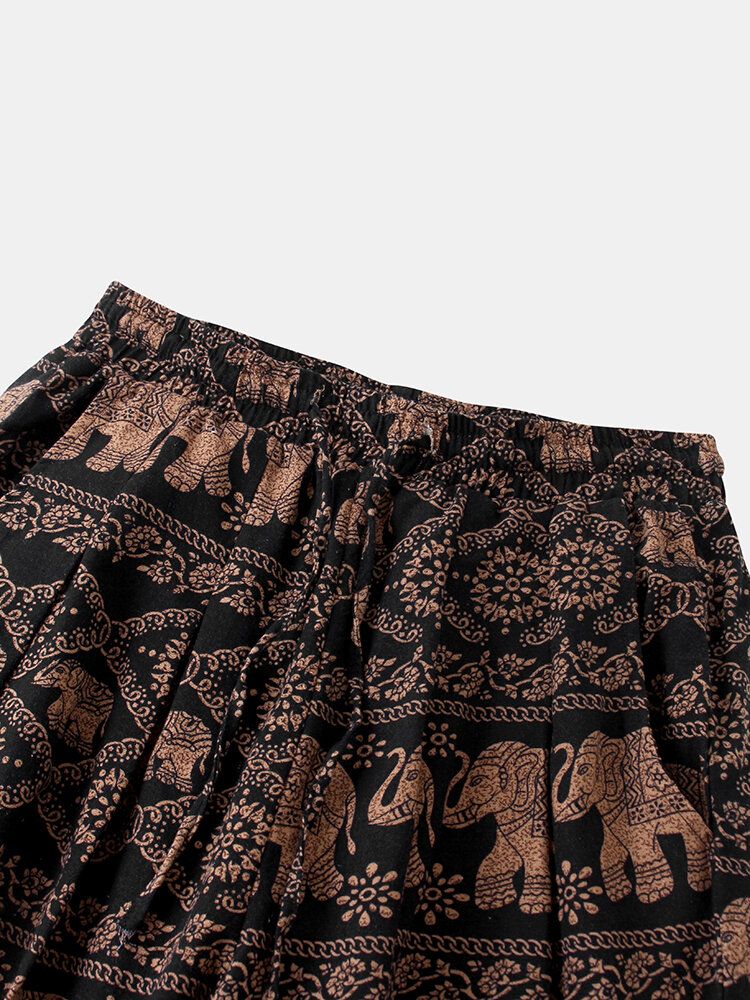 Pantalones De Harén De Cintura Con Cordón Ajustable De Ajuste Holgado Con Estampado De Estilo Étnico De Lino Para Hombre