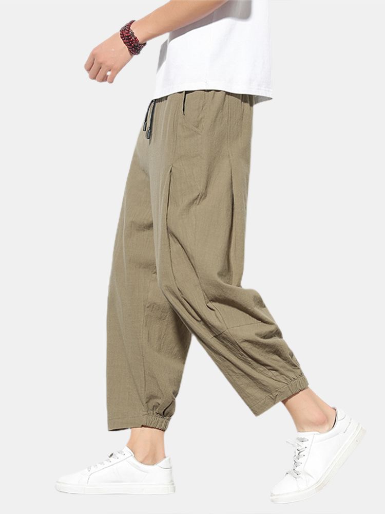 Pantalones De Harén De Cintura Con Cordón Elástico Informal Suelto De Color Sólido De Algodón Para Hombre