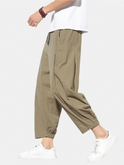 Pantalones De Harén De Cintura Con Cordón Elástico Informal Suelto De Color Sólido De Algodón Para Hombre