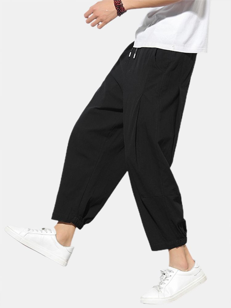 Pantalones De Harén De Cintura Con Cordón Elástico Informal Suelto De Color Sólido De Algodón Para Hombre