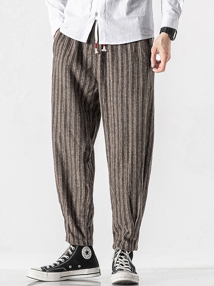 Pantalones Harén De Cintura Con Cordón Informal A Rayas Vintage Para Hombre