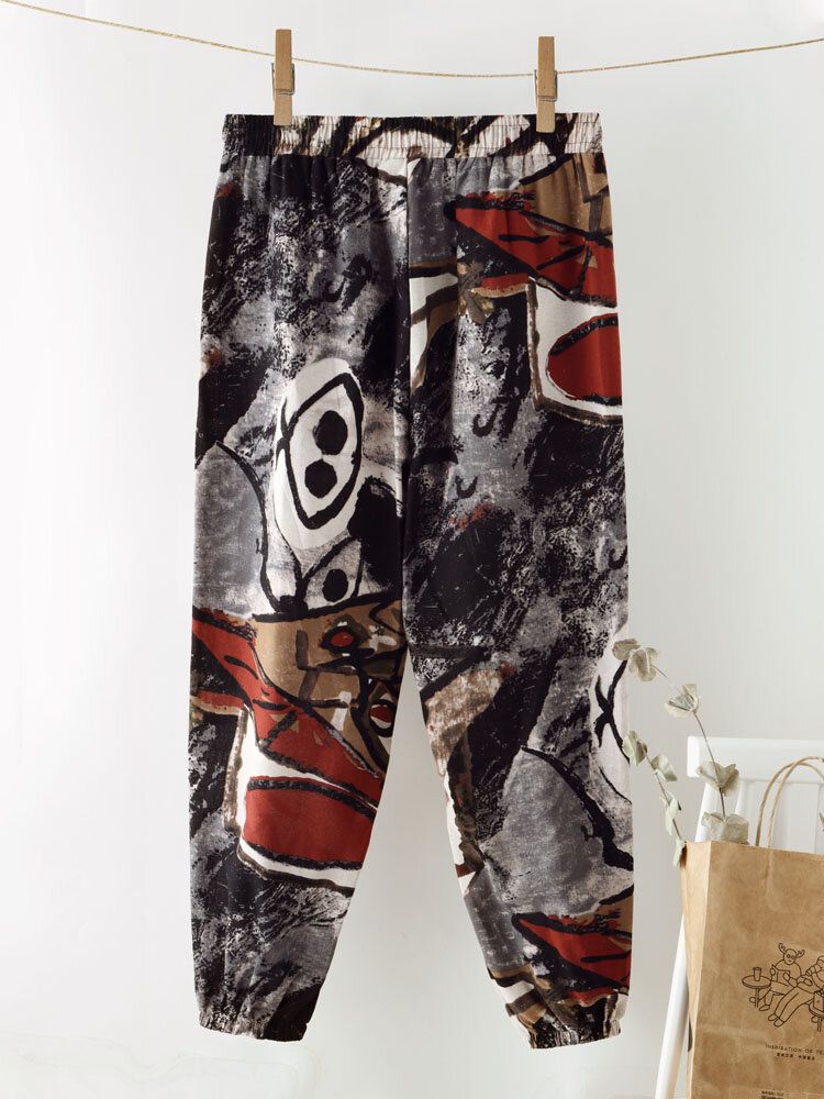 Pantalones Harén De Cintura Elástica Con Bolsillo Con Cordón Y Estampado Étnico De Graffiti Para Mujer