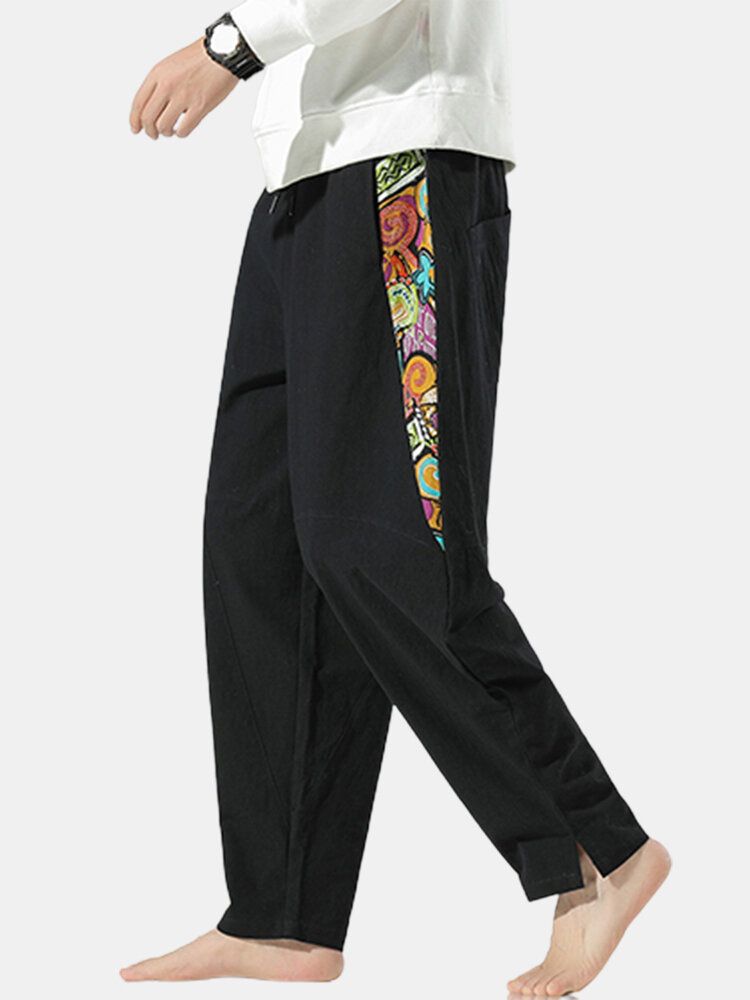 Pantalones Harén De Cintura Elástica Con Cordón De Lino Y Estampado De Estilo Nacional Para Hombre Con Bolsillo