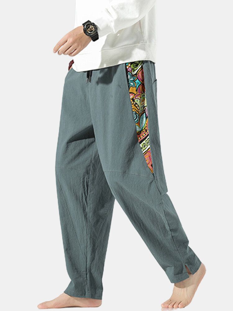 Pantalones Harén De Cintura Elástica Con Cordón De Lino Y Estampado De Estilo Nacional Para Hombre Con Bolsillo