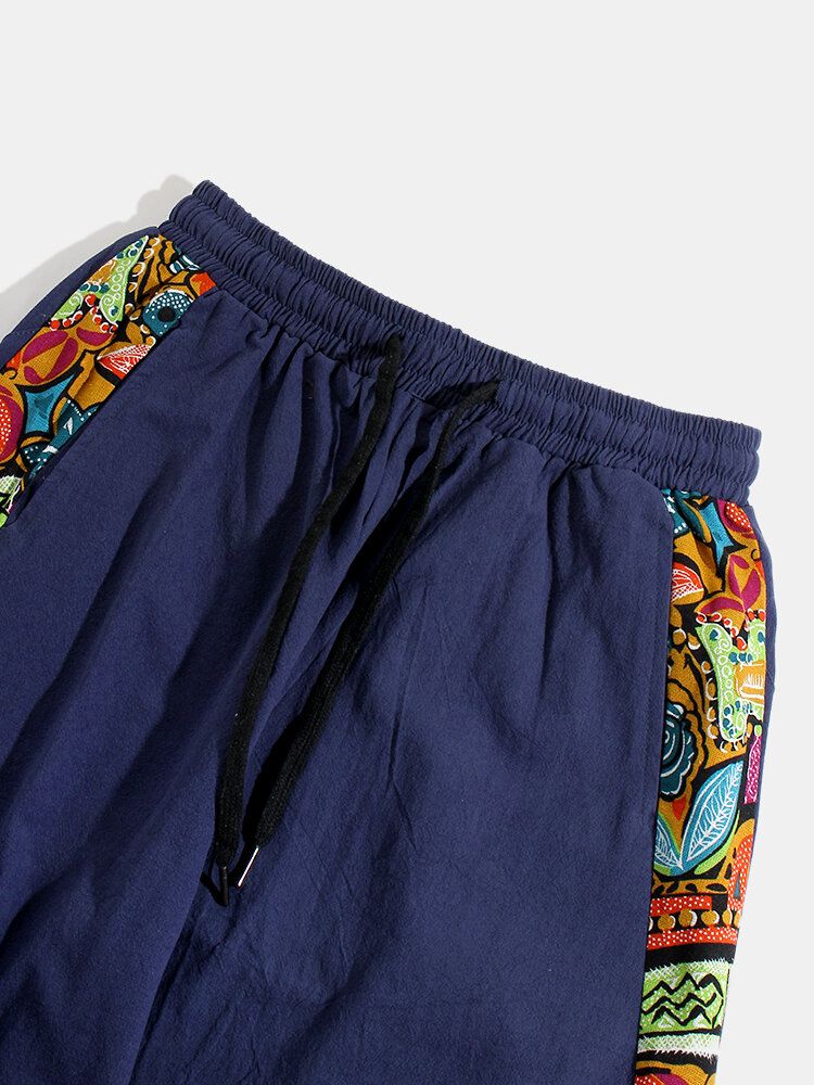 Pantalones Harén De Cintura Elástica Con Cordón De Lino Y Estampado De Estilo Nacional Para Hombre Con Bolsillo