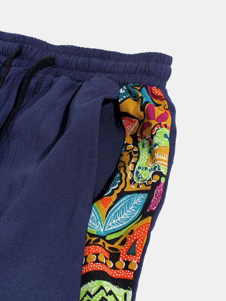 Pantalones Harén De Cintura Elástica Con Cordón De Lino Y Estampado De Estilo Nacional Para Hombre Con Bolsillo