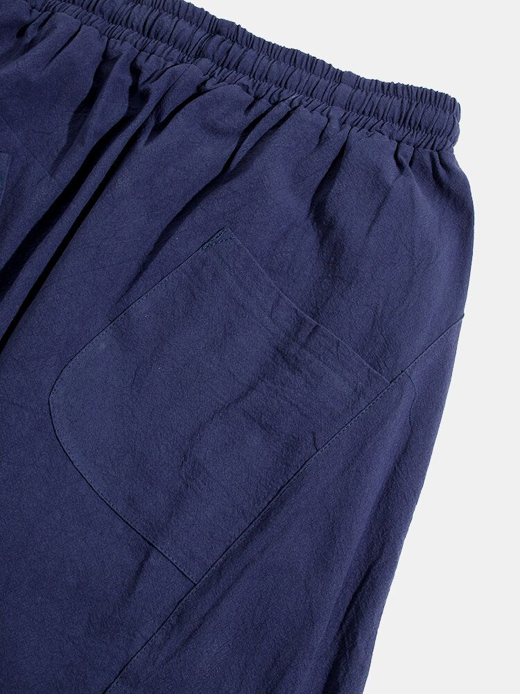 Pantalones Harén De Cintura Elástica Con Cordón De Lino Y Estampado De Estilo Nacional Para Hombre Con Bolsillo