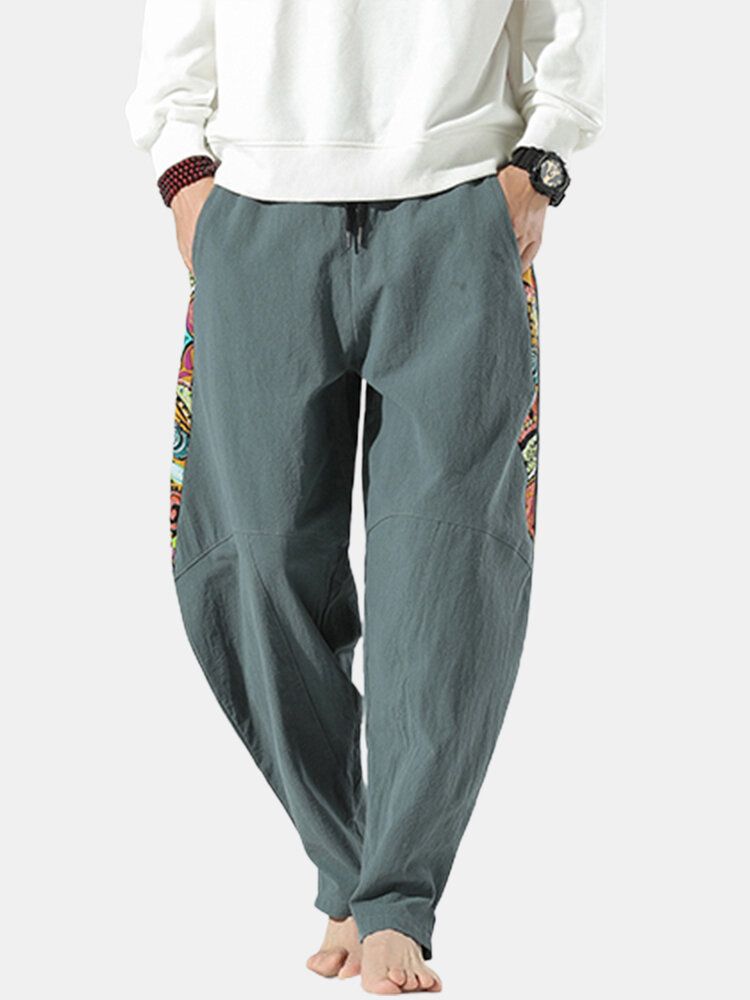 Pantalones Harén De Cintura Elástica Con Cordón De Lino Y Estampado De Estilo Nacional Para Hombre Con Bolsillo