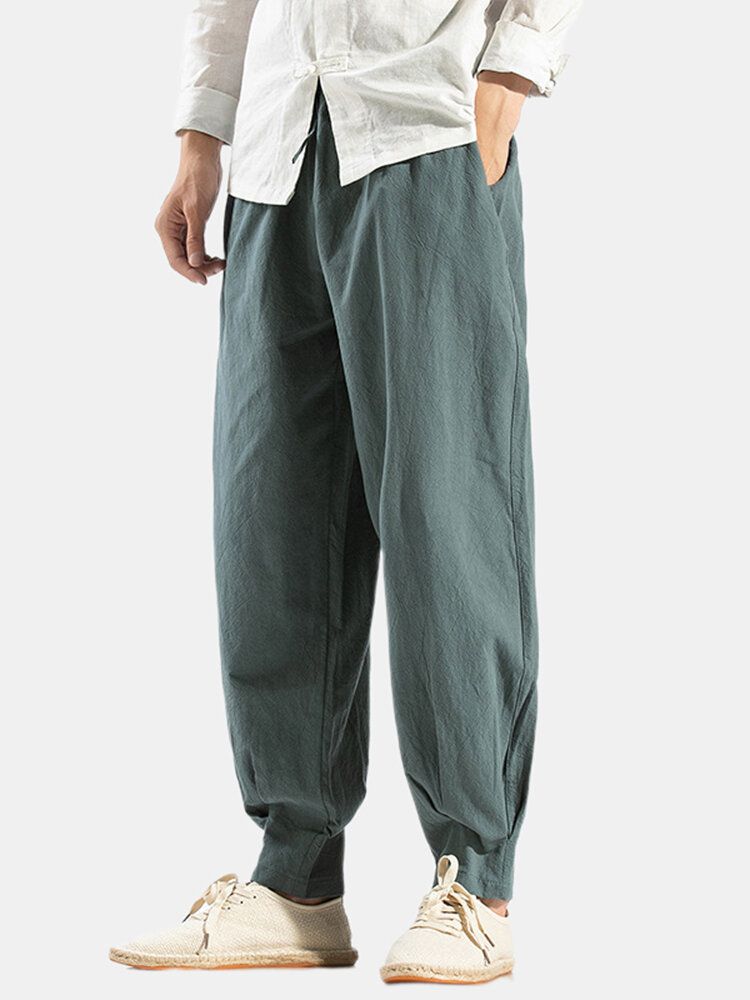 Pantalones Harén De Color Sólido Con Cintura Elástica Oriental 100% Algodón Para Hombre Con Bolsillo