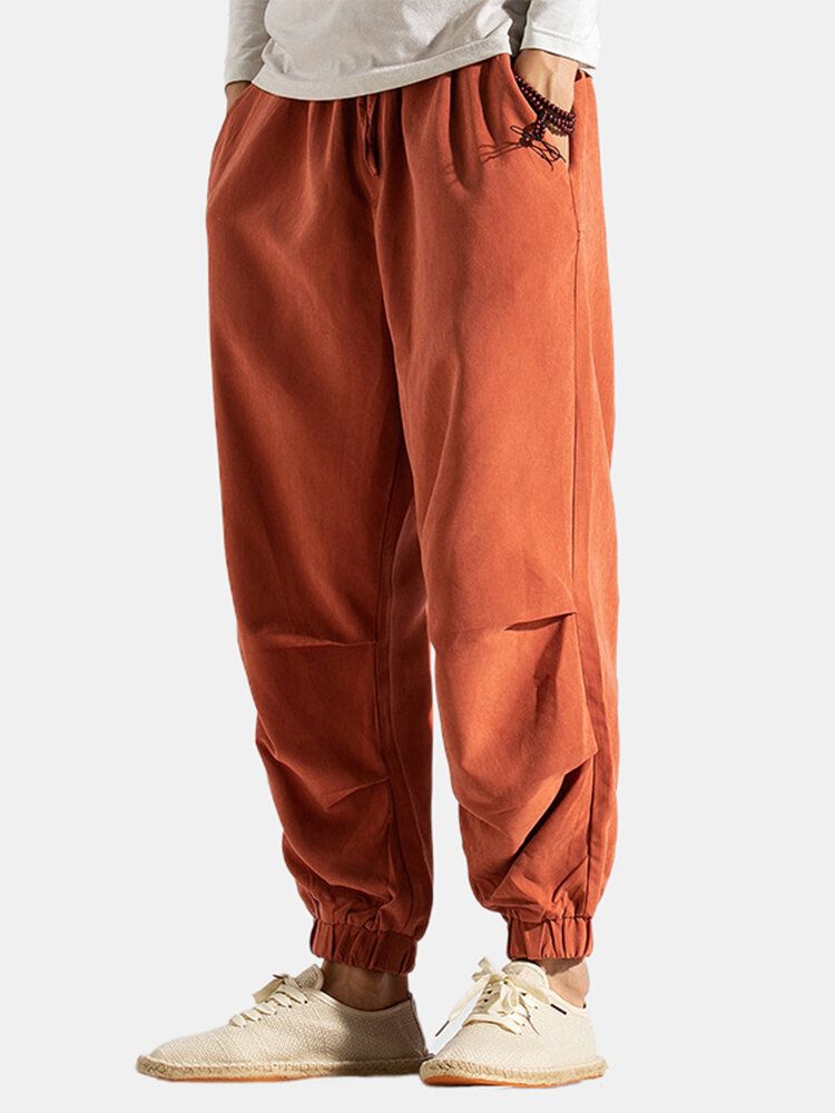 Pantalones De Harén Con Parte Inferior Elástica Plisada Informal De Color Sólido Para Hombre