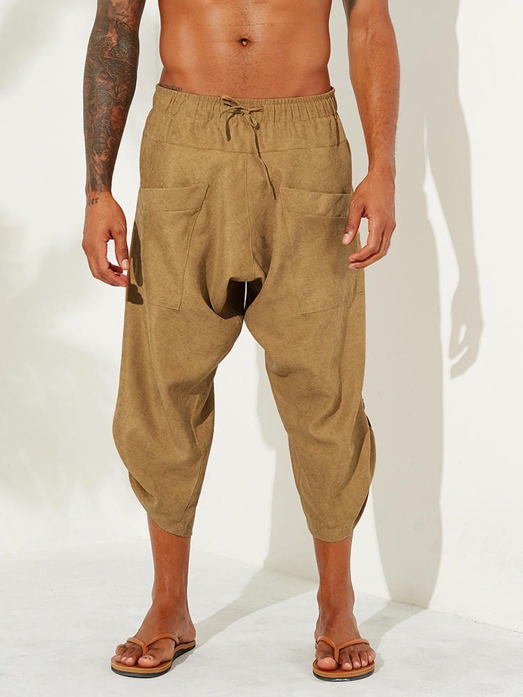 Pantalones Harén De Pana Casual De Color Sólido Vintage Para Hombre Hasta La Pantorrilla