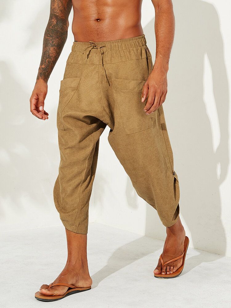 Pantalones Harén De Pana Casual De Color Sólido Vintage Para Hombre Hasta La Pantorrilla