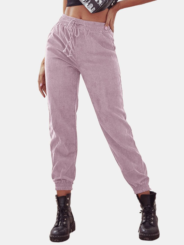 Pantalones De Harén Sueltos De Color Sólido Con Cintura De Dibujo Alto De Pana Para Mujer