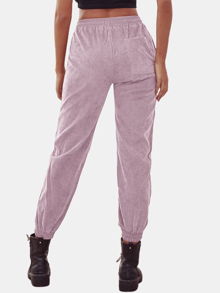 Pantalones De Harén Sueltos De Color Sólido Con Cintura De Dibujo Alto De Pana Para Mujer