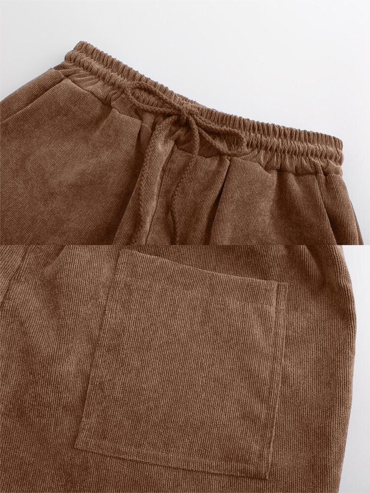 Pantalones De Harén Sueltos De Color Sólido Con Cintura De Dibujo Alto De Pana Para Mujer