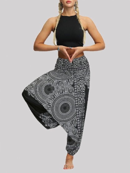 Pantalones De Harén De Yoga Sueltos Negros Con Estampado De Flores Vintage De Cintura Alta Para Mujer