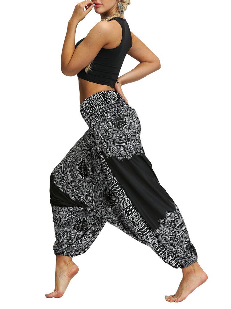 Pantalones De Harén De Yoga Sueltos Negros Con Estampado De Flores Vintage De Cintura Alta Para Mujer