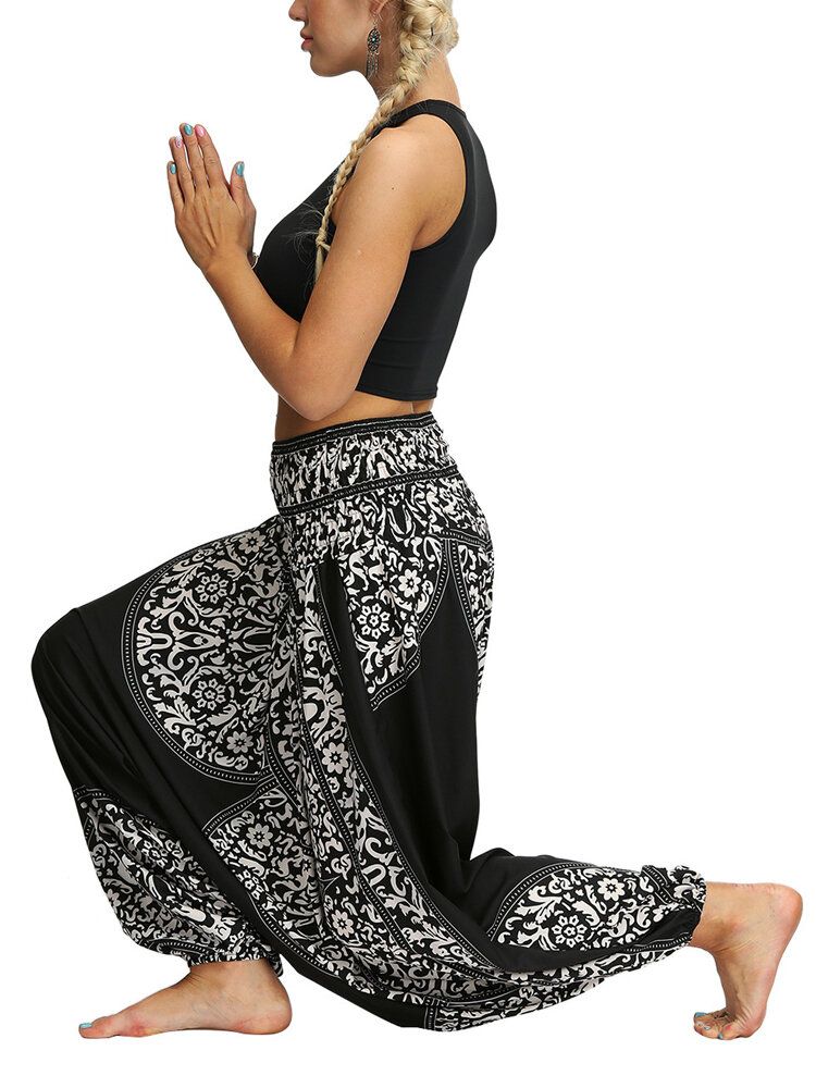 Pantalones De Harén De Yoga Sueltos Negros Con Estampado De Flores Vintage De Cintura Alta Para Mujer