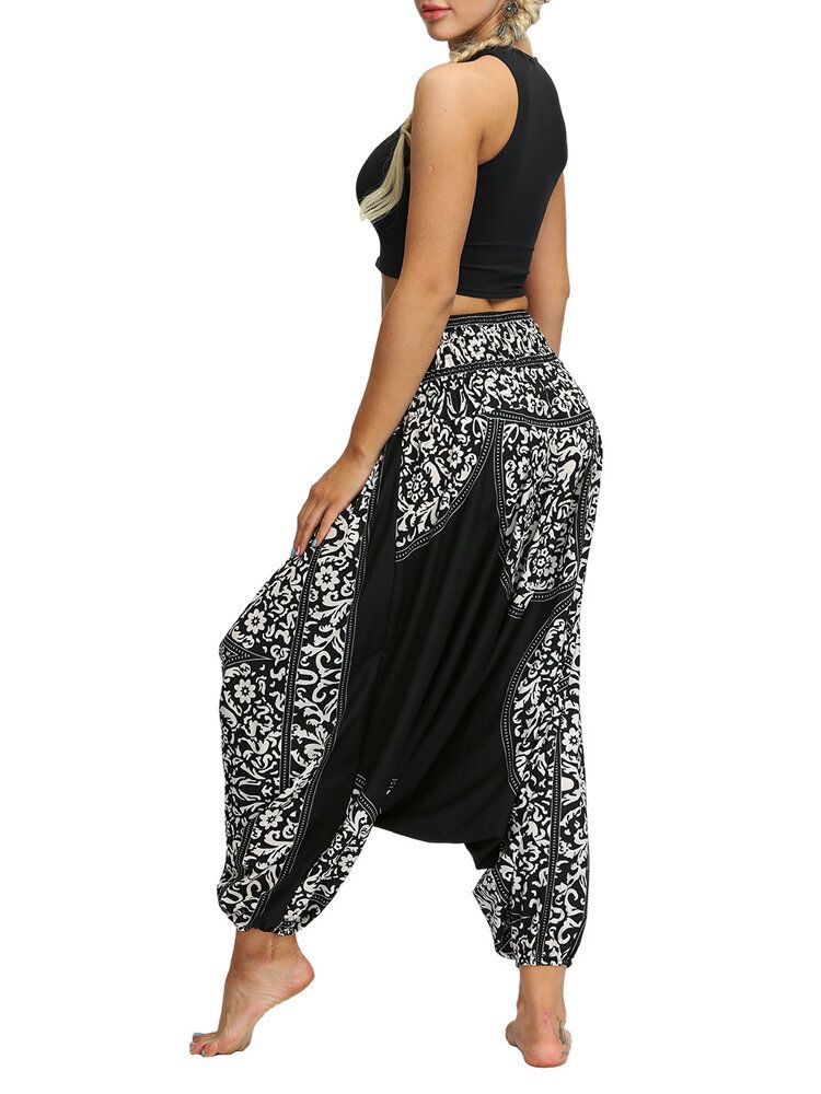 Pantalones De Harén De Yoga Sueltos Negros Con Estampado De Flores Vintage De Cintura Alta Para Mujer