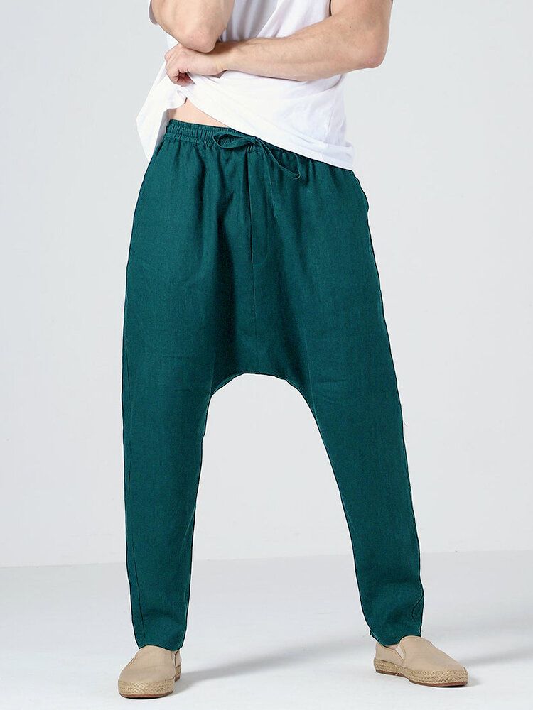 Pantalones Holgados Casuales Con Cordón De Color Sólido 100% Algodón Para Hombre