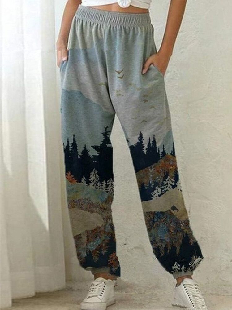 Pantalones Holgados De Cintura Media Elásticos Con Estampado De Paisaje Informal Para Mujer