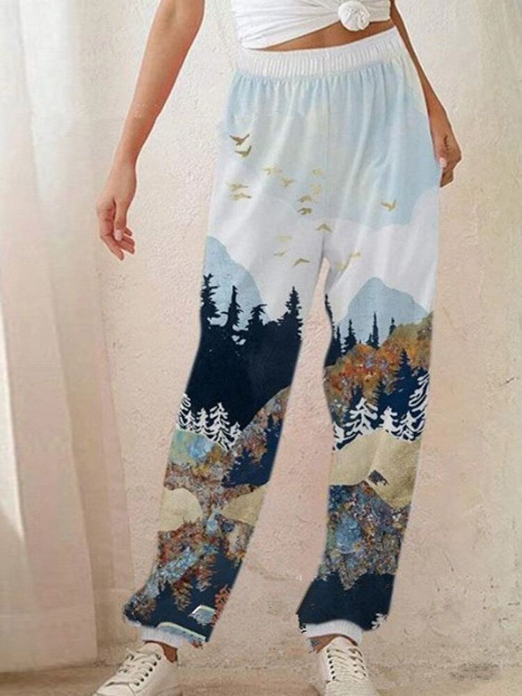 Pantalones Holgados De Cintura Media Elásticos Con Estampado De Paisaje Informal Para Mujer