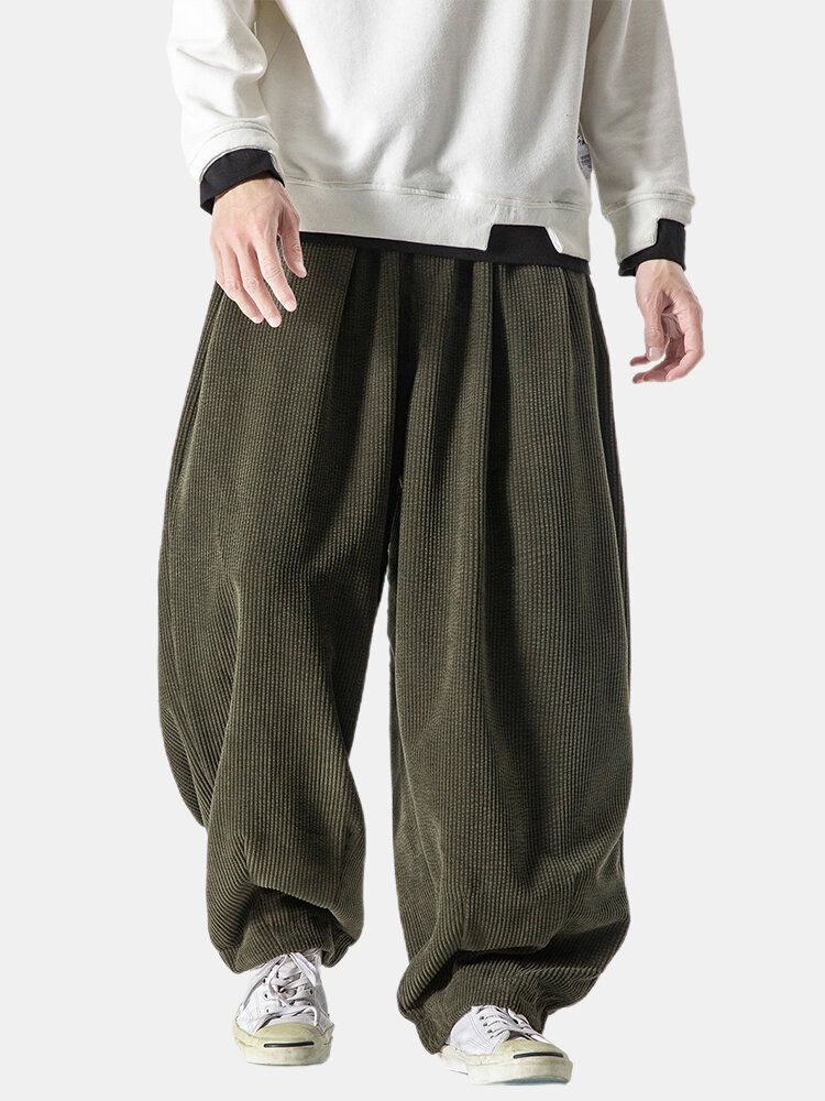 Pantalones Holgados Con Cordón De Pana De Color Sólido Para Hombre Con Bolsillo